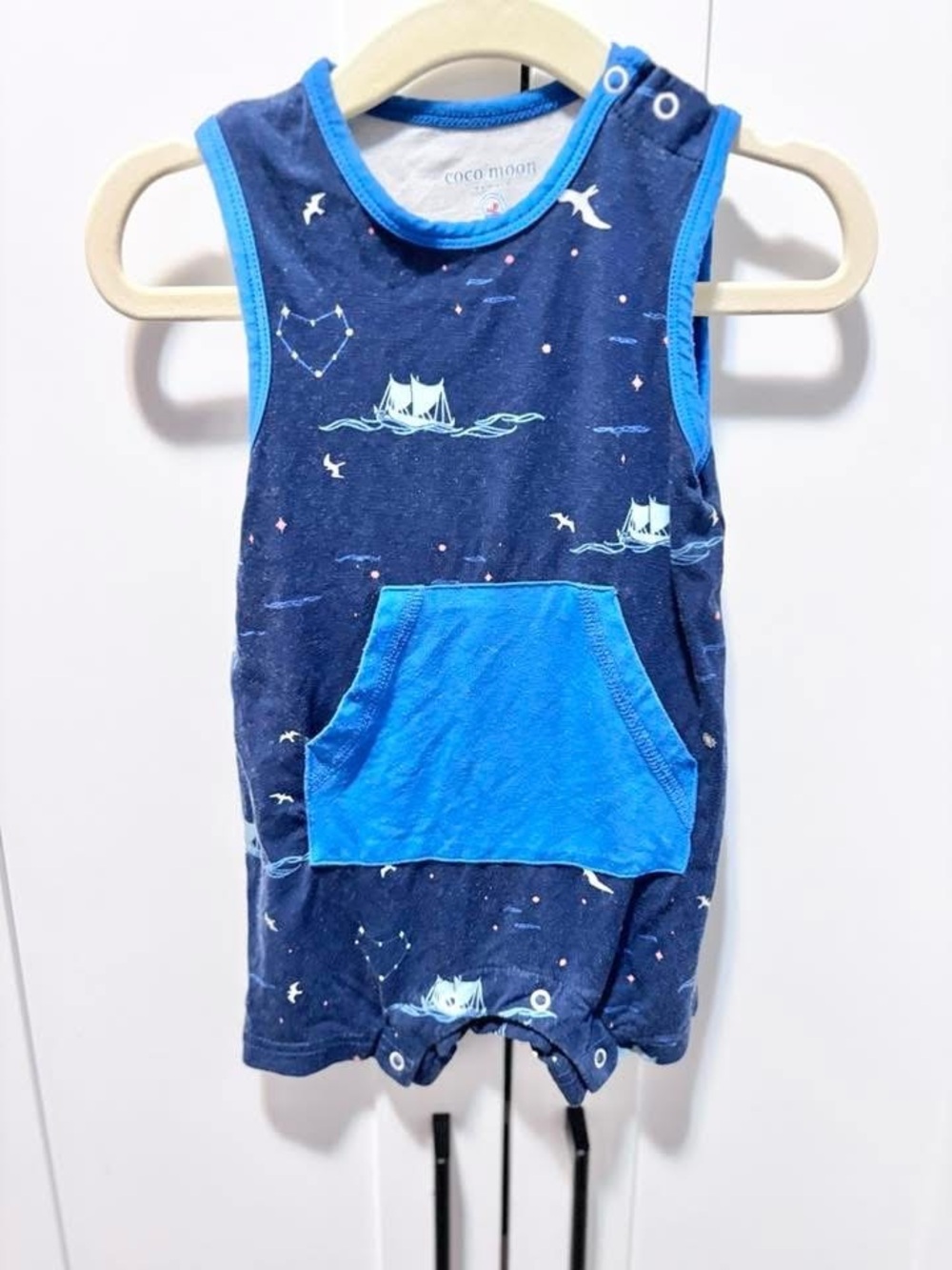 Bamboo Navy Sailboat Baby Romper with Bright Blue Pocket